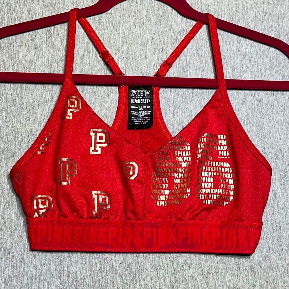 Victoria's Secret PINK Ultimate Sports Bra Red Gold Logo Lightly Lined Medium - Picture 1 of 7
